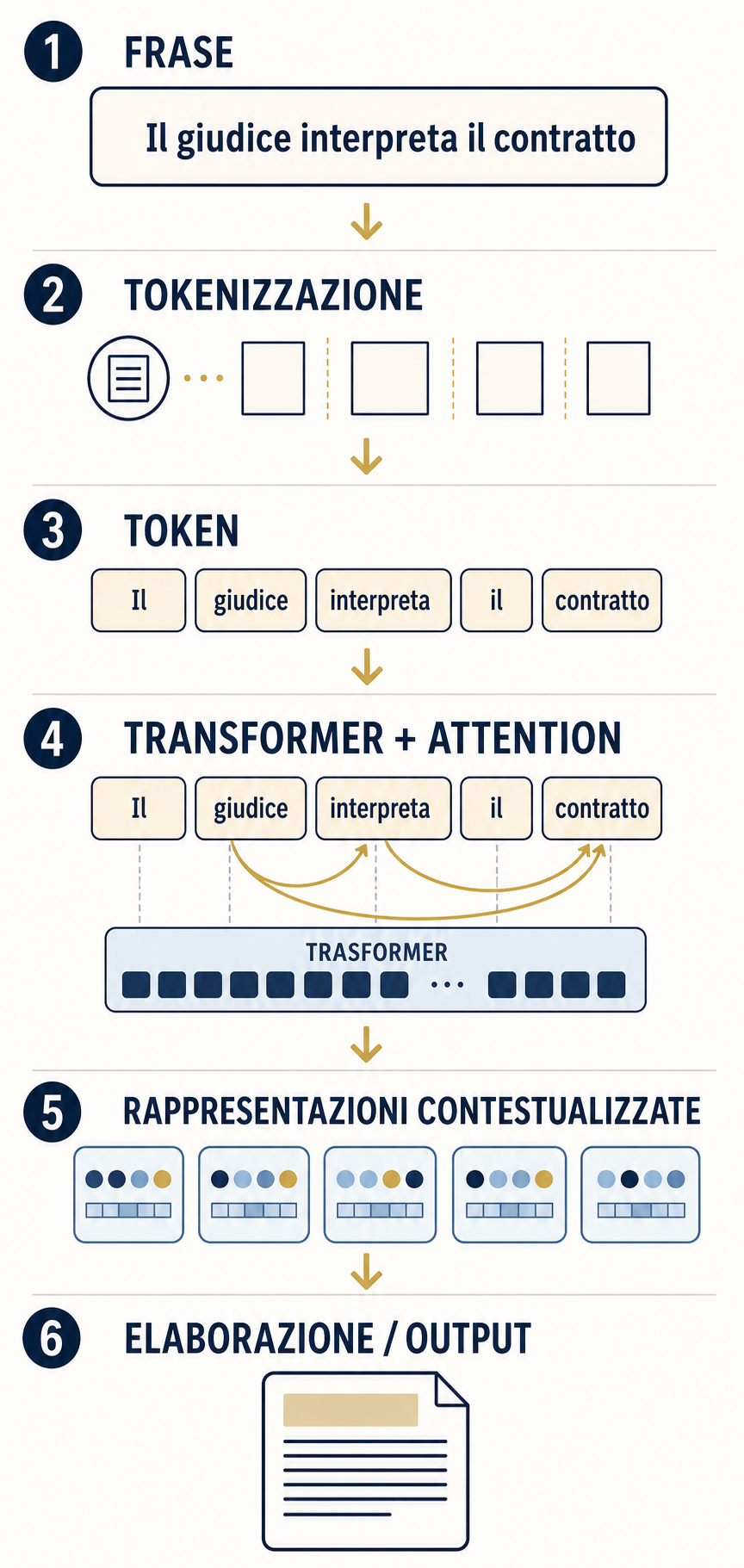 Percorso verticale dalla frase ai token e al Transformer, che tramite attention mette in relazione giudice, interpreta e contratto fino all’output.