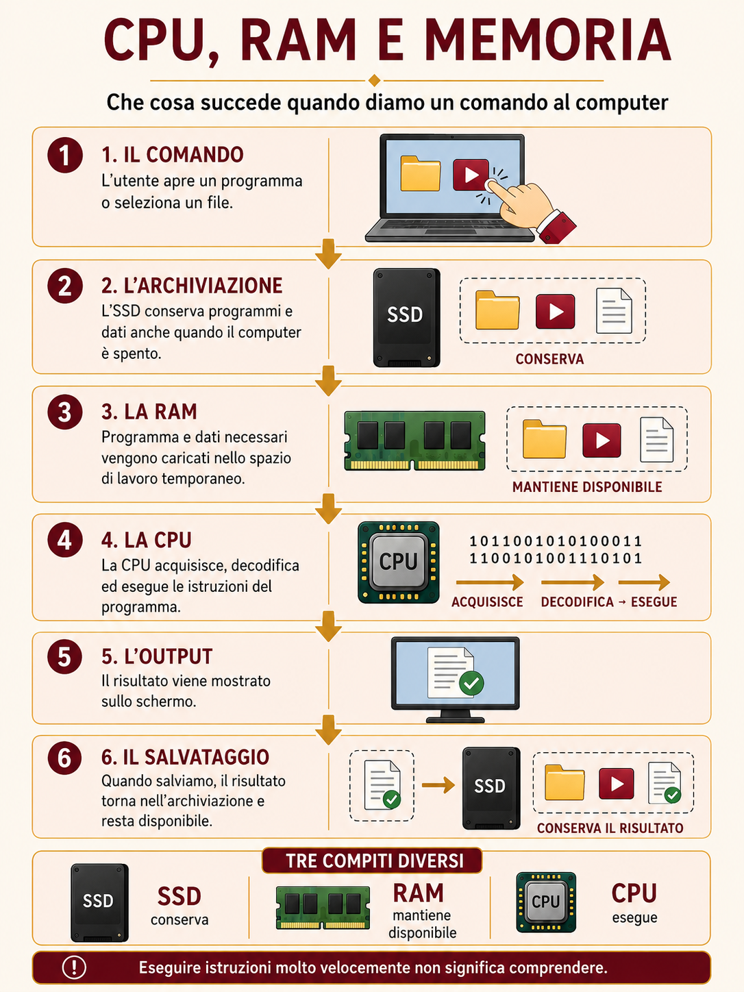 Infografica sul percorso di un comando nel computer tra archiviazione, RAM, CPU, output e salvataggio